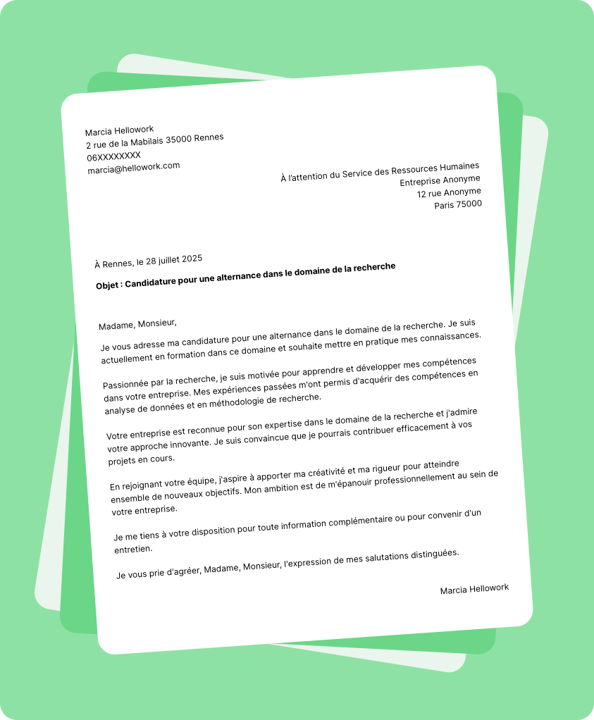 Exemple lettre de motivation Recherche en alternance