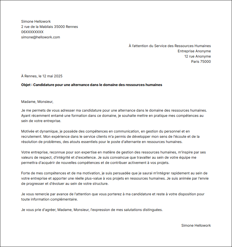 Modèle lettre de motivation Ressources Humaines en alternance Exemple lettre de motivation Ressources Humaines en alternance