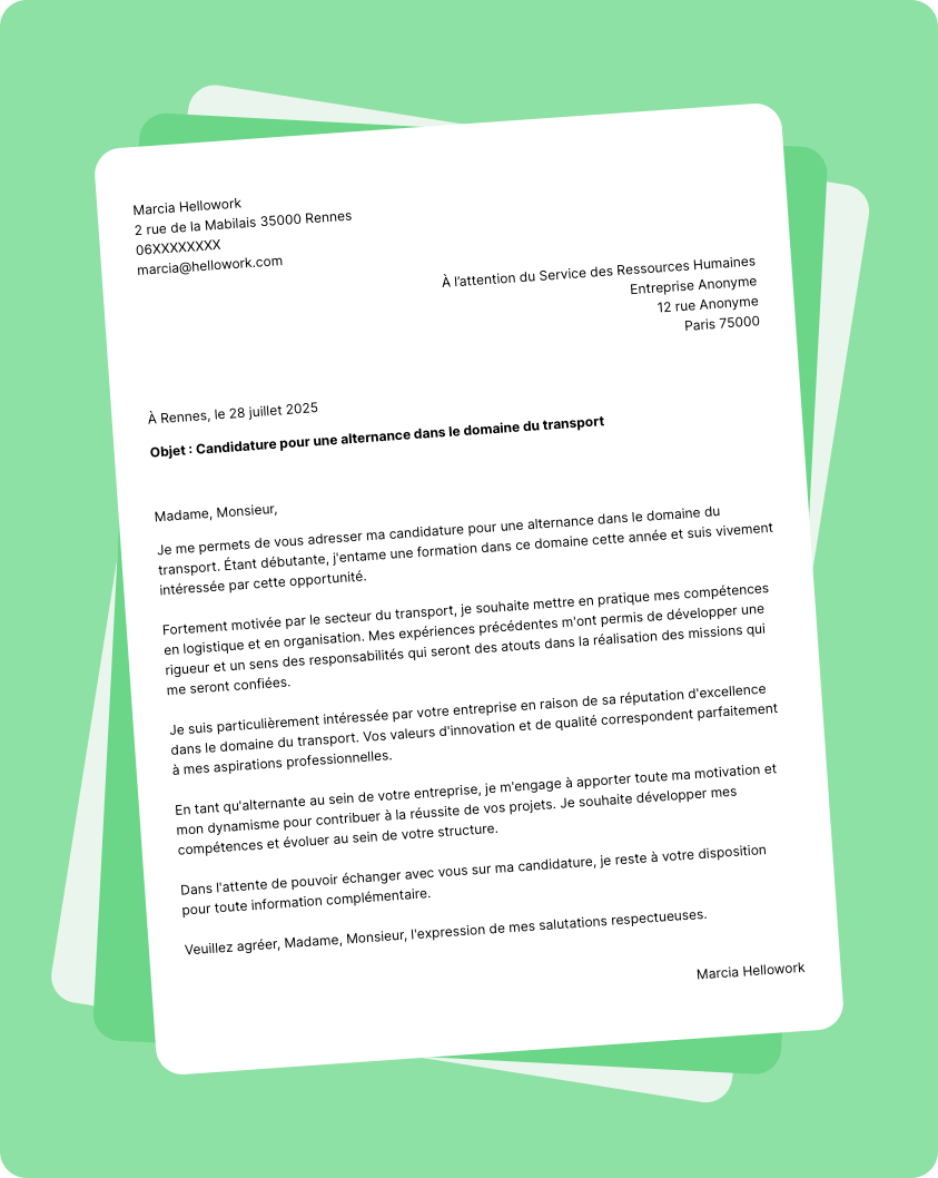 Exemple lettre de motivation Transport en alternance