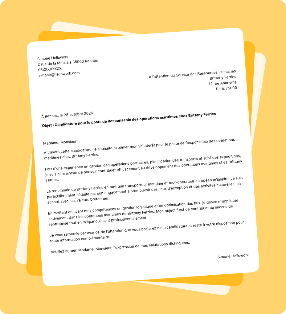Exemple lettre de motivation Brittany Ferries