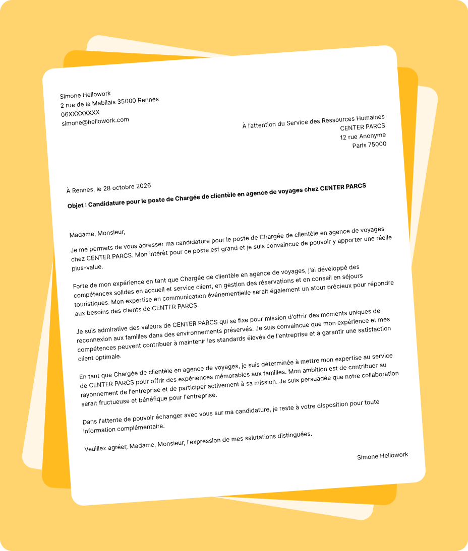 Exemple lettre de motivation CENTER PARCS