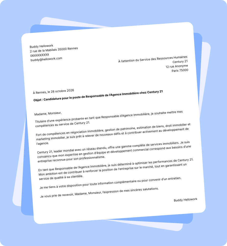 Exemple lettre de motivation Century 21