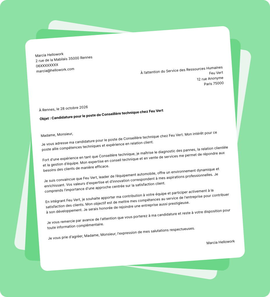 Exemple lettre de motivation Feu Vert