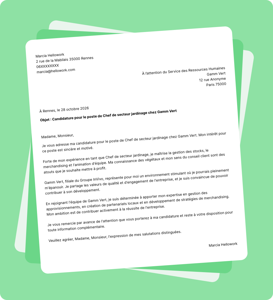 Exemple lettre de motivation Gamm Vert