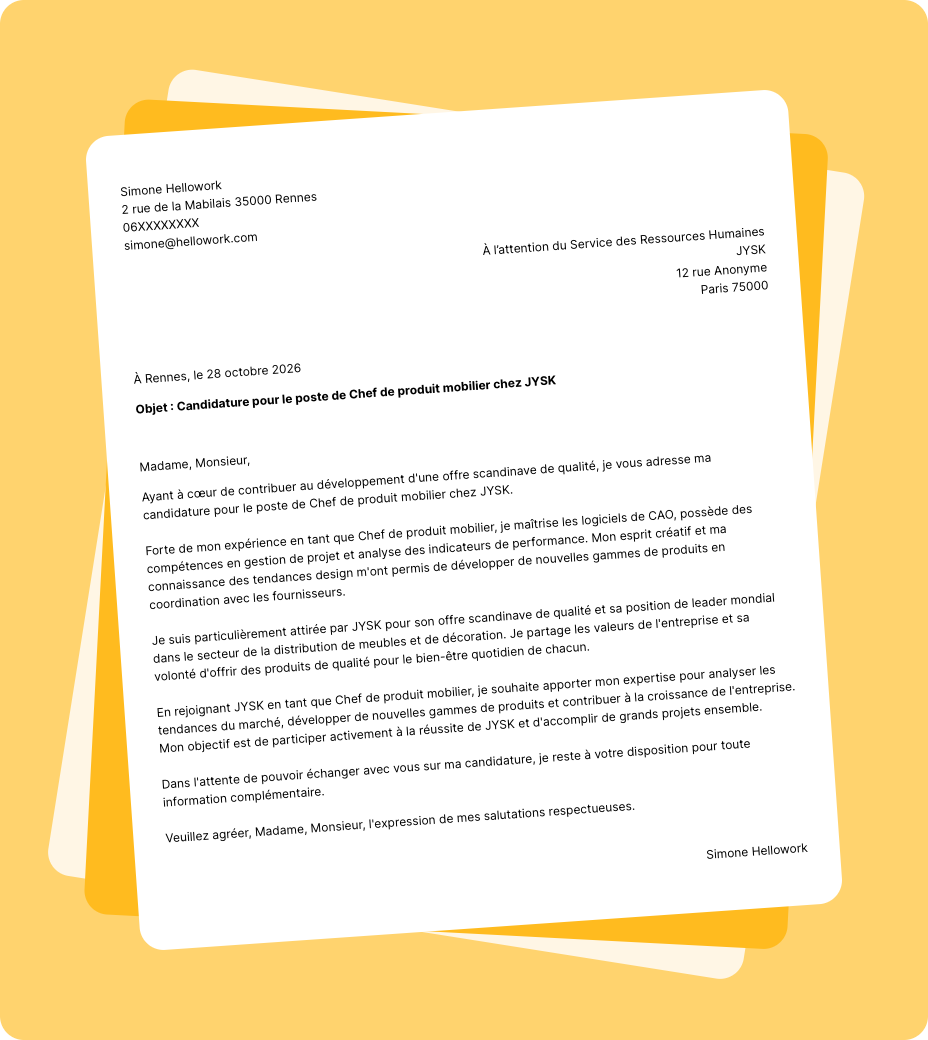 Exemple lettre de motivation JYSK