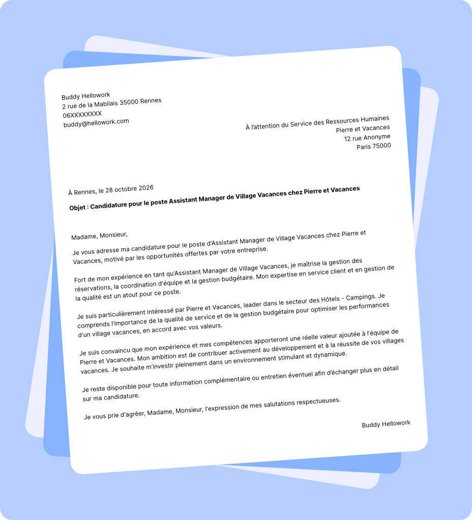 Exemple lettre de motivation Pierre et Vacances