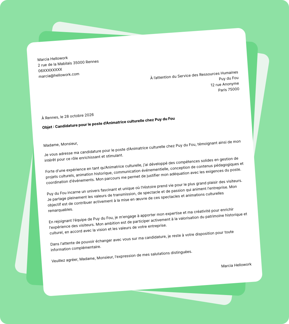 Exemple lettre de motivation Puy du Fou