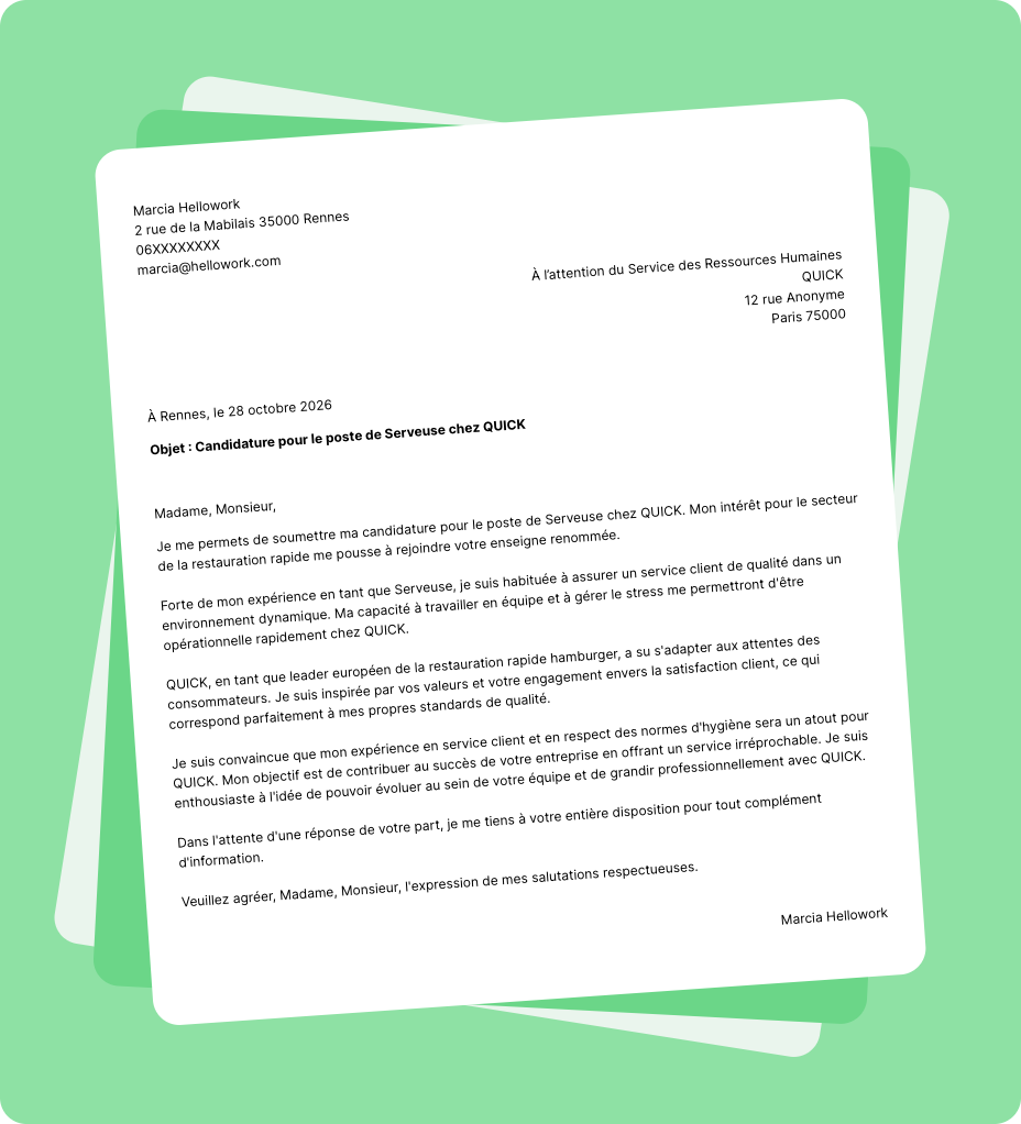 Exemple lettre de motivation QUICK