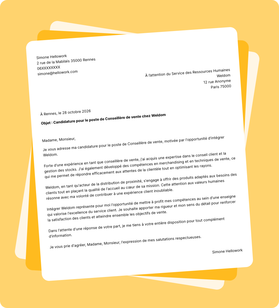 Exemple lettre de motivation Weldom