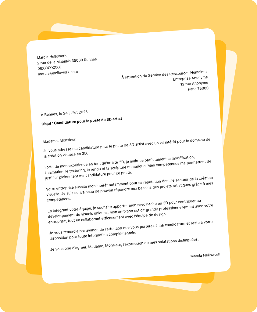 Exemple lettre de motivation 3D artist
