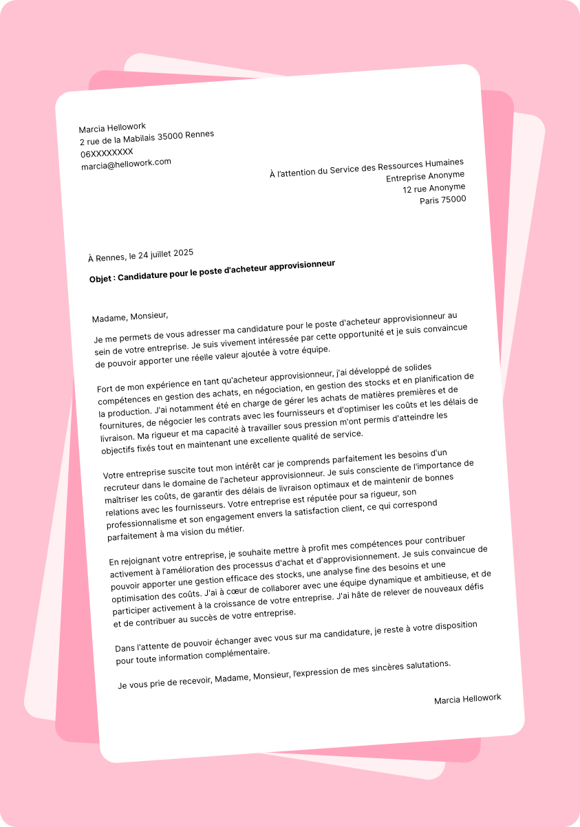Exemple lettre de motivation Acheteur approvisionneur