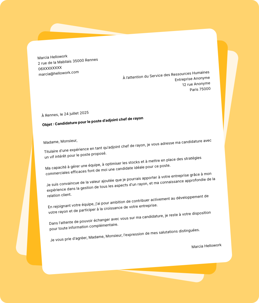 Modèle lettre de motivation Adjoint chef de rayon Exemple lettre de motivation Adjoint chef de rayon