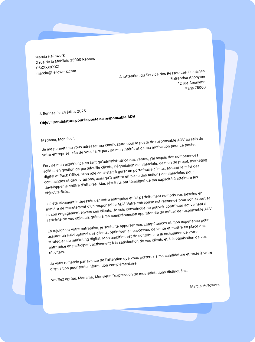 Exemple lettre de motivation Administrateur des ventes