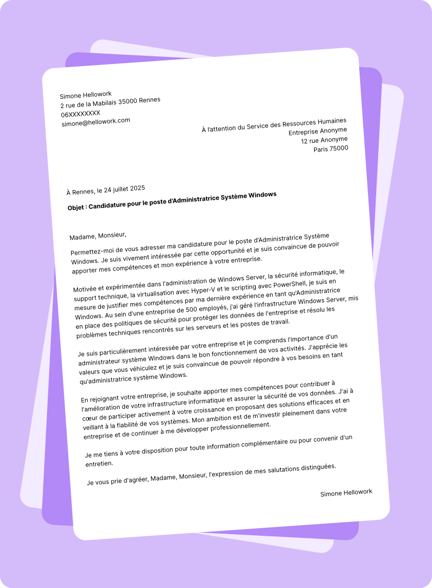Modèle lettre de motivation Administrateur système Windows Exemple lettre de motivation Administrateur système Windows
