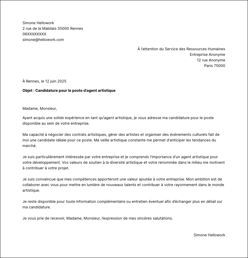 Modèle lettre de motivation Agent artistique Exemple lettre de motivation Agent artistique