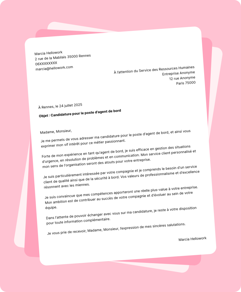 Modèle lettre de motivation Agent de bord Exemple lettre de motivation Agent de bord