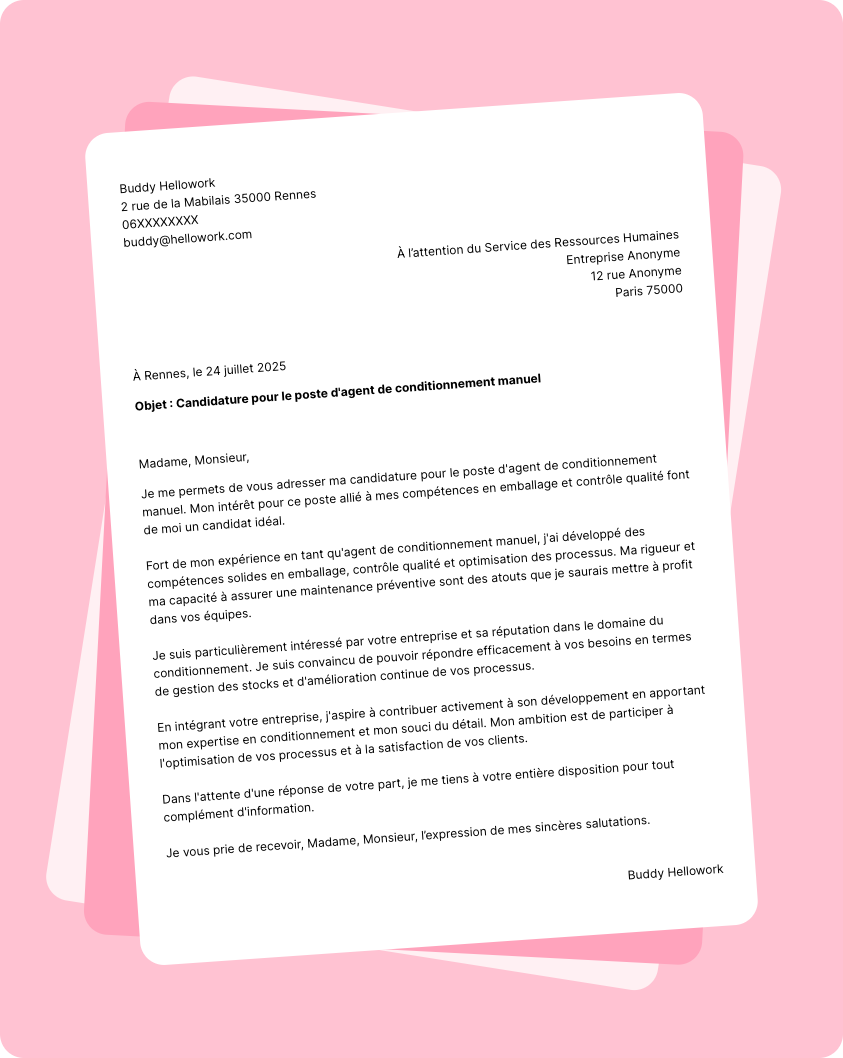 Exemple lettre de motivation Agent de conditionnement manuel