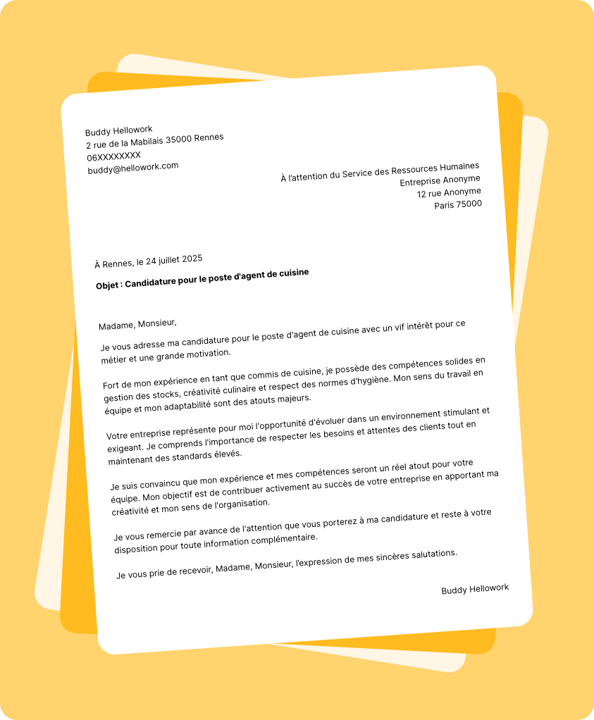 Exemple lettre de motivation Agent de cuisine