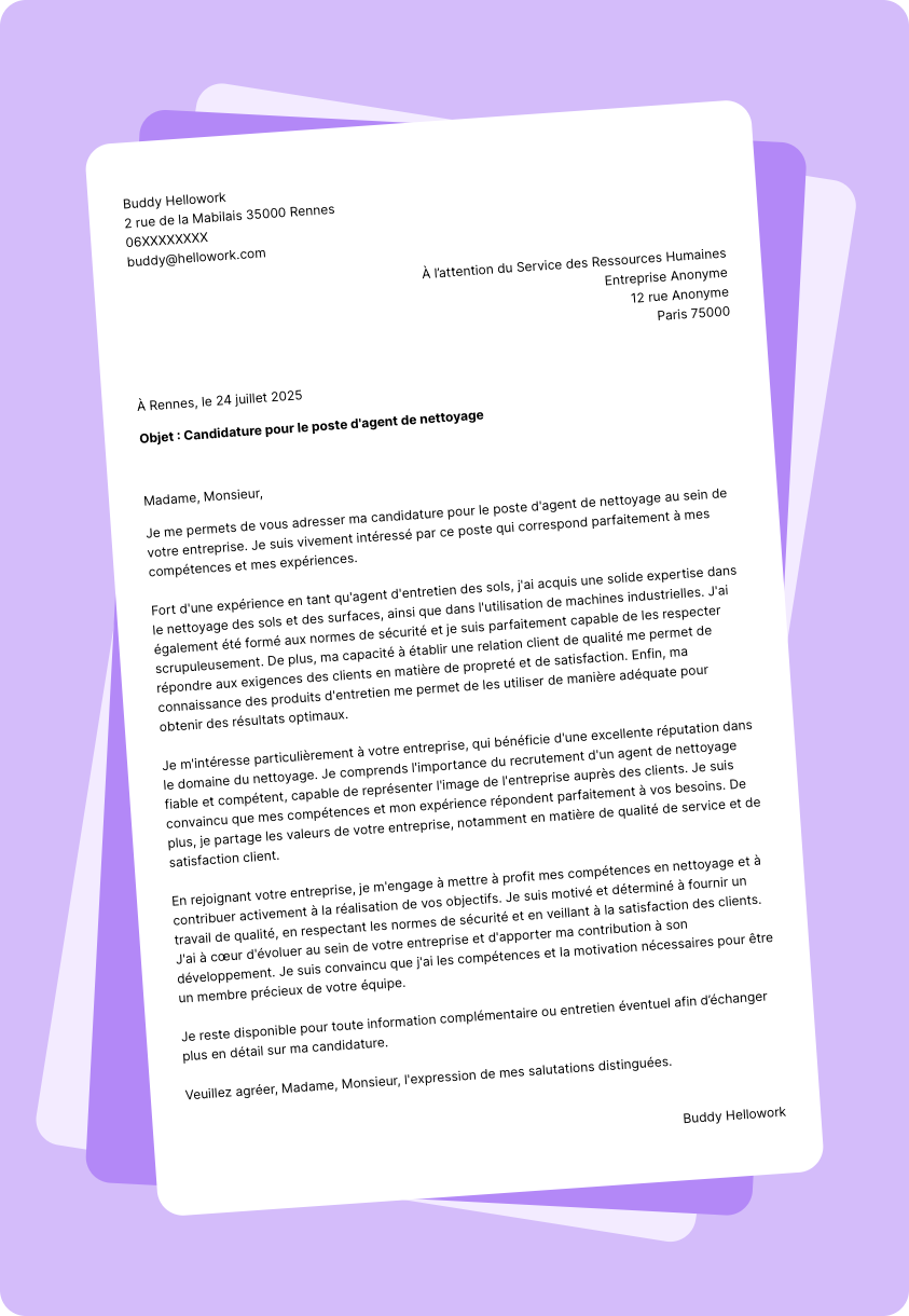 Modèle lettre de motivation Agent de nettoyage Exemple lettre de motivation Agent de nettoyage