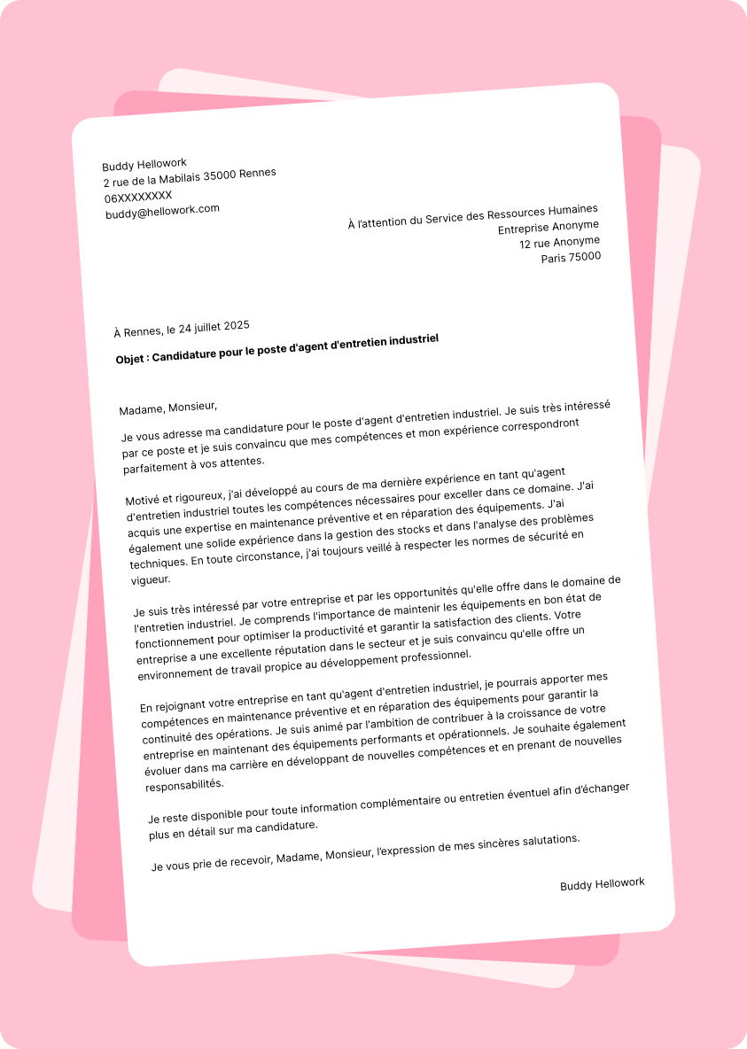 Exemple lettre de motivation Agent d'entretien industriel