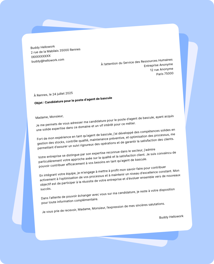 Exemple lettre de motivation Agent de bascule