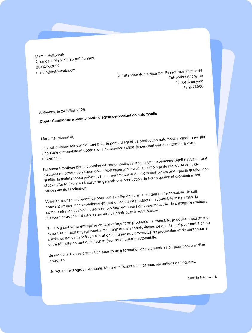 Exemple lettre de motivation Agent de production automobile