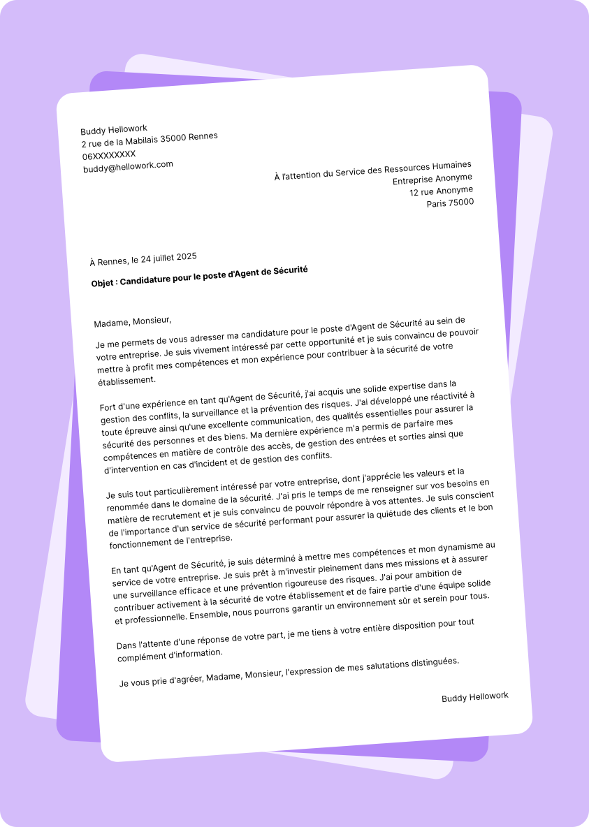 Modèle lettre de motivation Agent de sécurité Exemple lettre de motivation Agent de sécurité