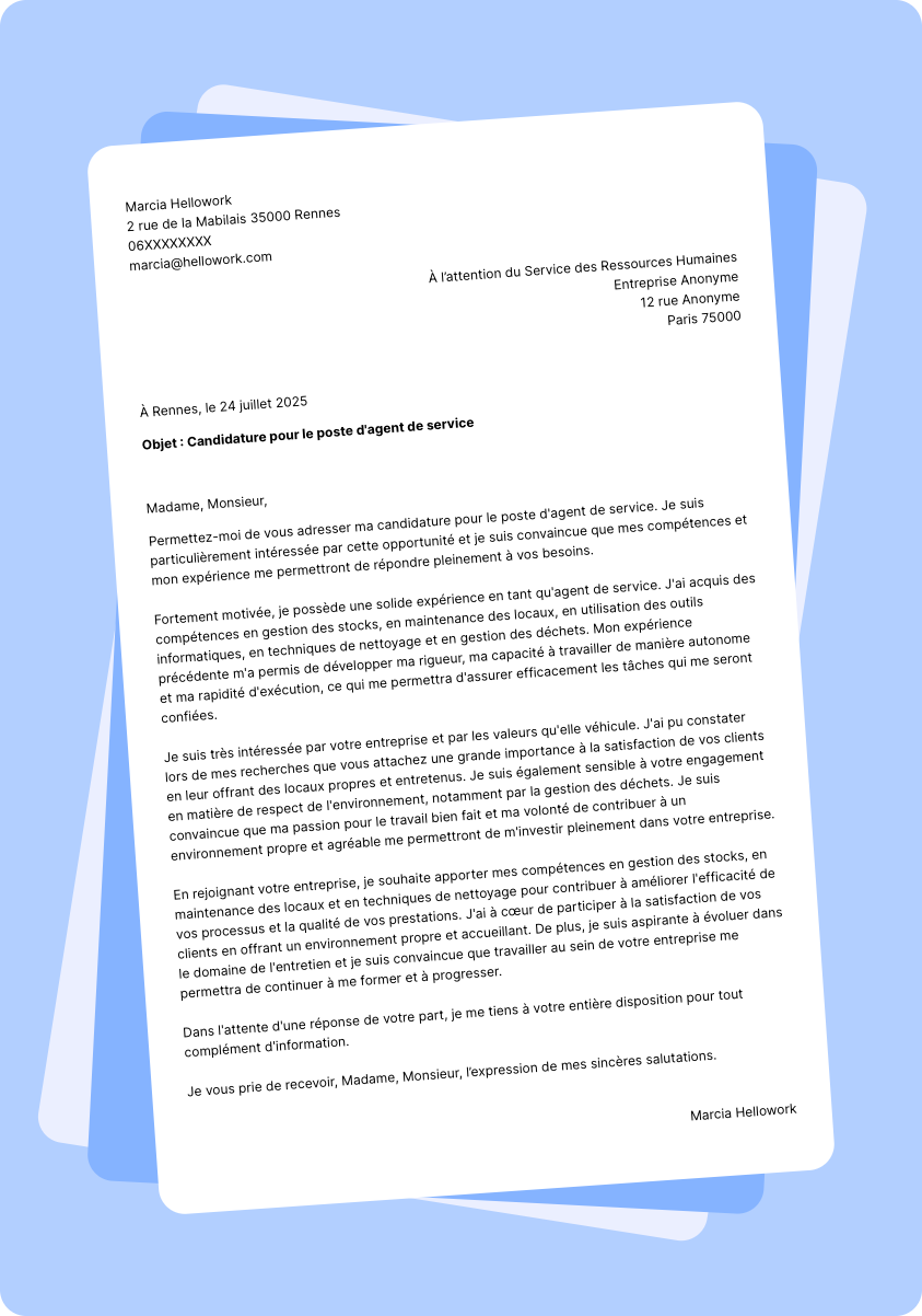 Modèle lettre de motivation Agent de service Exemple lettre de motivation Agent de service