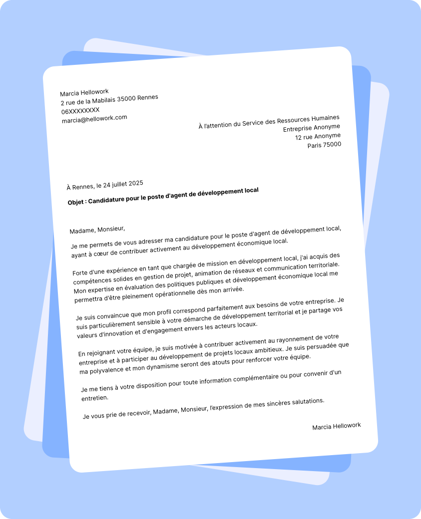 Modèle lettre de motivation Agent de développement local Exemple lettre de motivation Agent de développement local