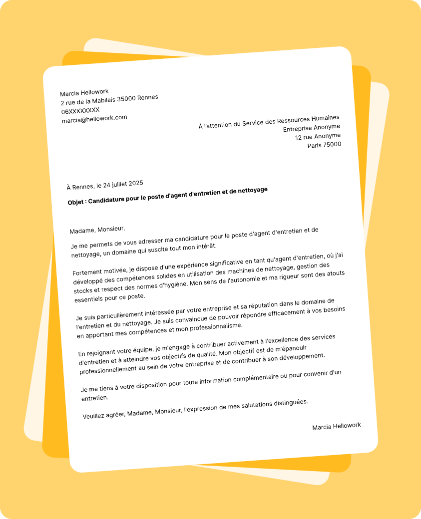 Exemple lettre de motivation Agent d'entretien et de nettoyage