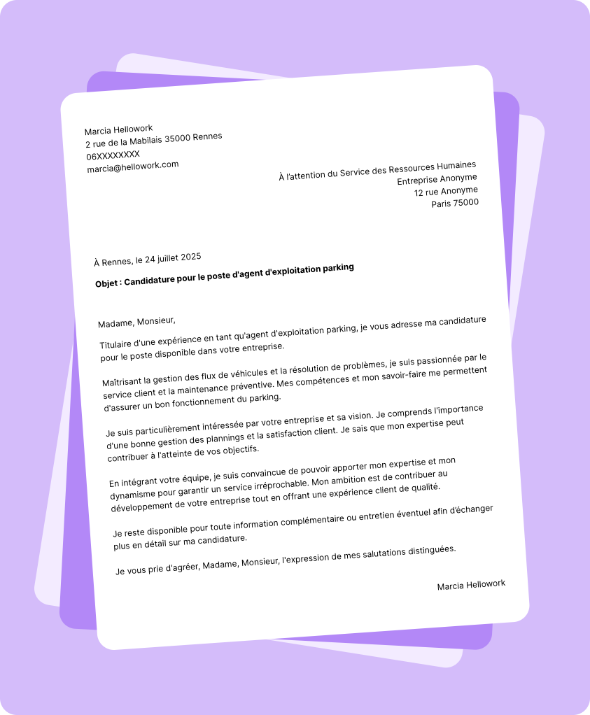 Modèle lettre de motivation Agent d'exploitation parking Exemple lettre de motivation Agent d'exploitation parking