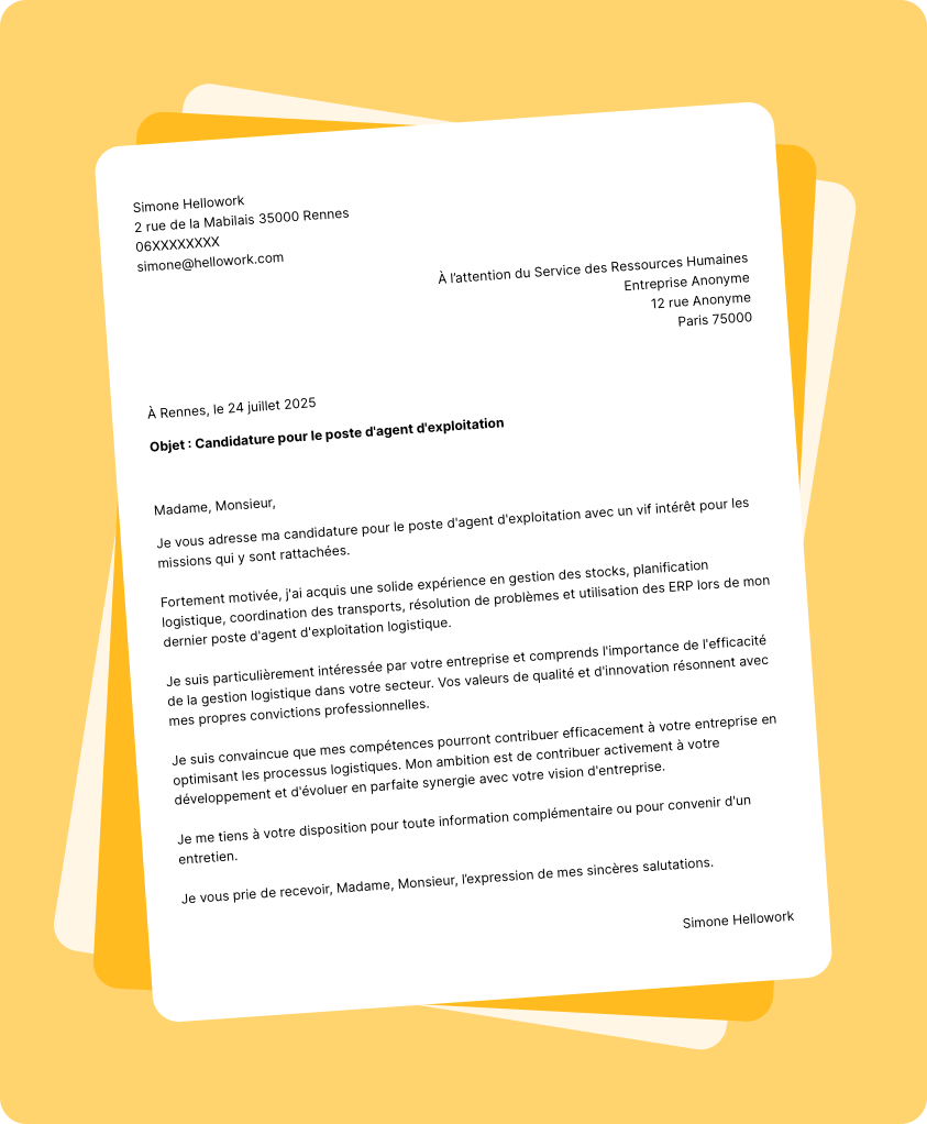 Modèle lettre de motivation Agent d'exploitation Exemple lettre de motivation Agent d'exploitation