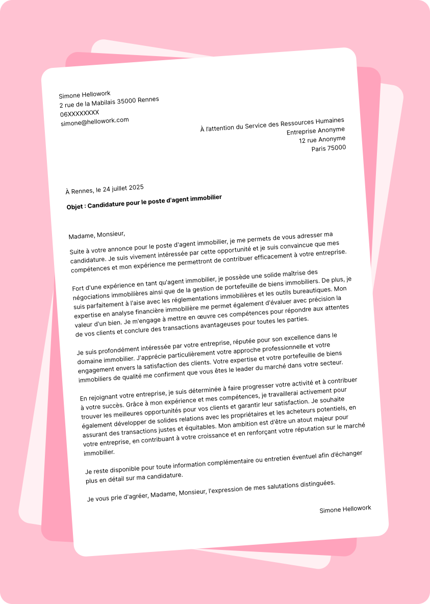 Exemple lettre de motivation Agent immobilier