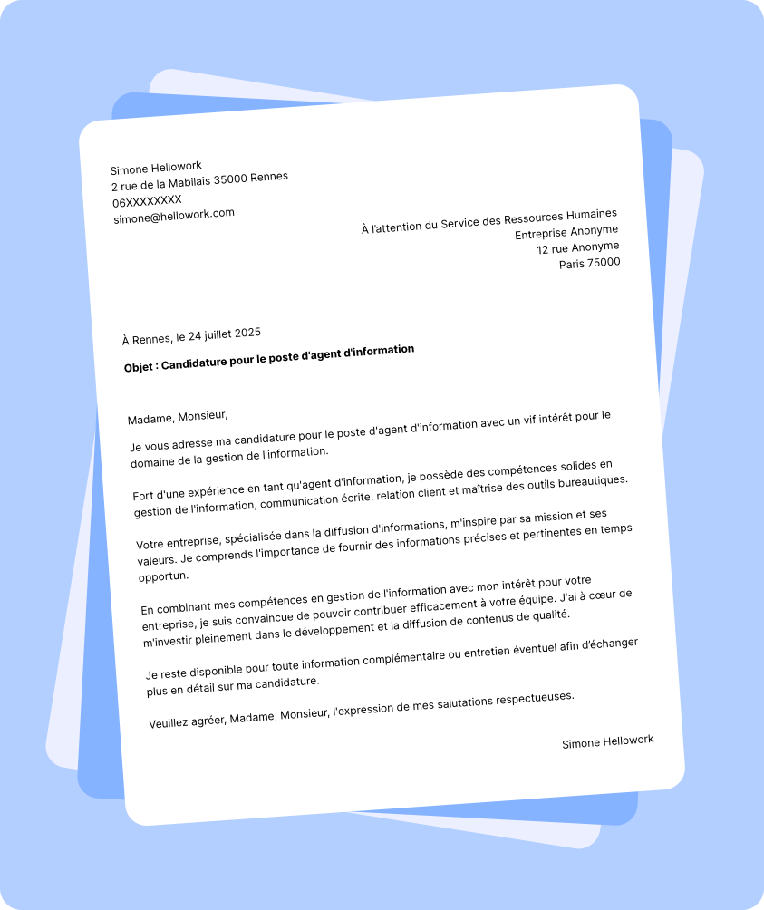 Modèle lettre de motivation Agent d'information Exemple lettre de motivation Agent d'information
