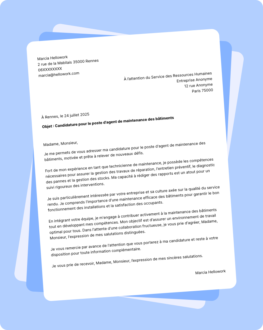 Modèle lettre de motivation Agent de maintenance des bâtiments Exemple lettre de motivation Agent de maintenance des bâtiments