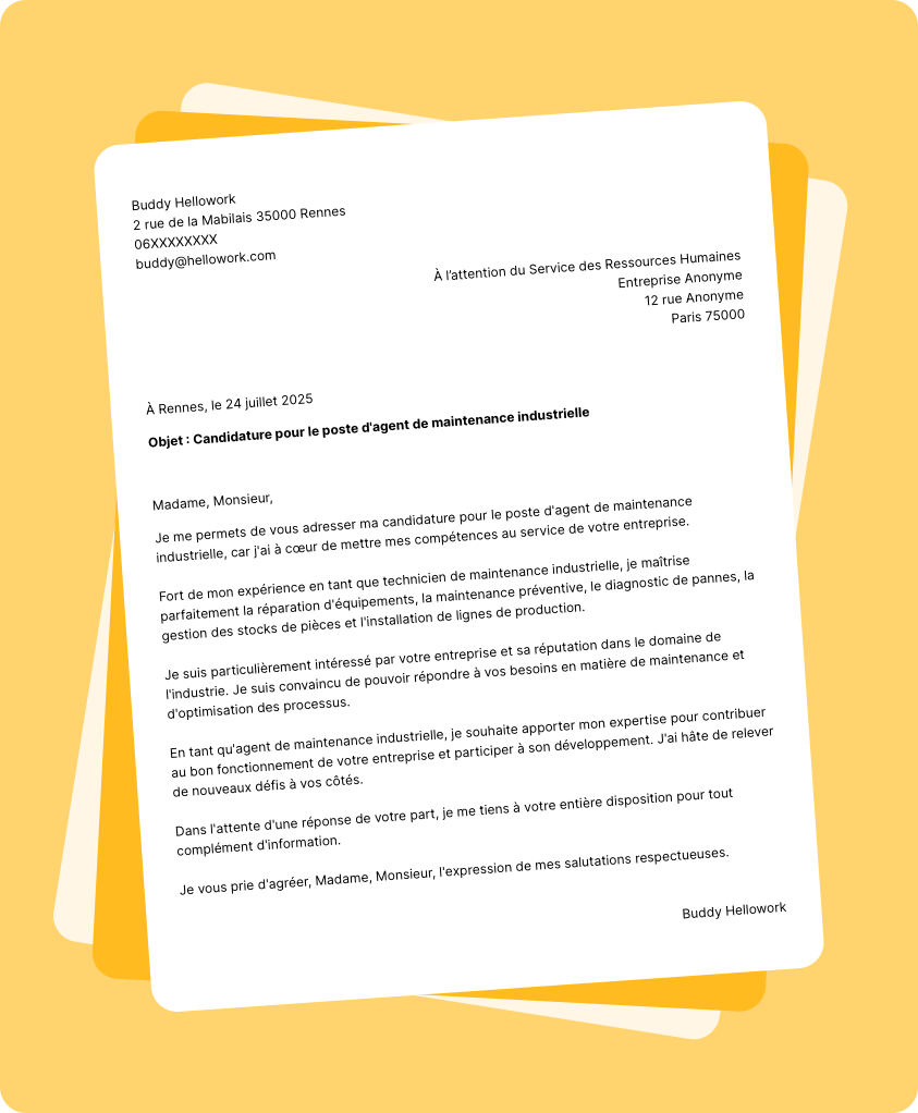 Exemple lettre de motivation Agent de maintenance industrielle