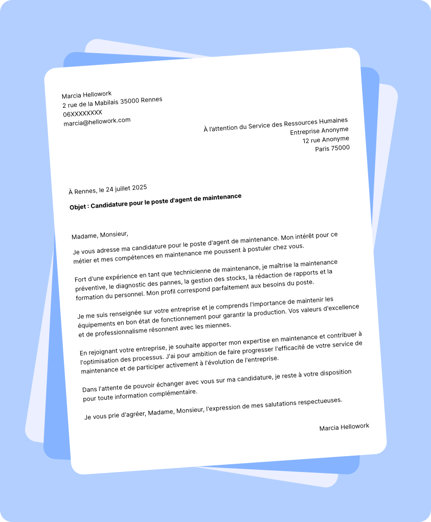 Exemple lettre de motivation Agent de maintenance