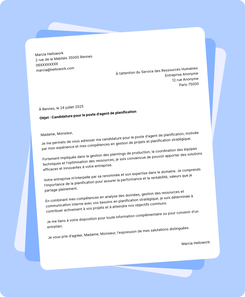 Exemple lettre de motivation Agent de planification