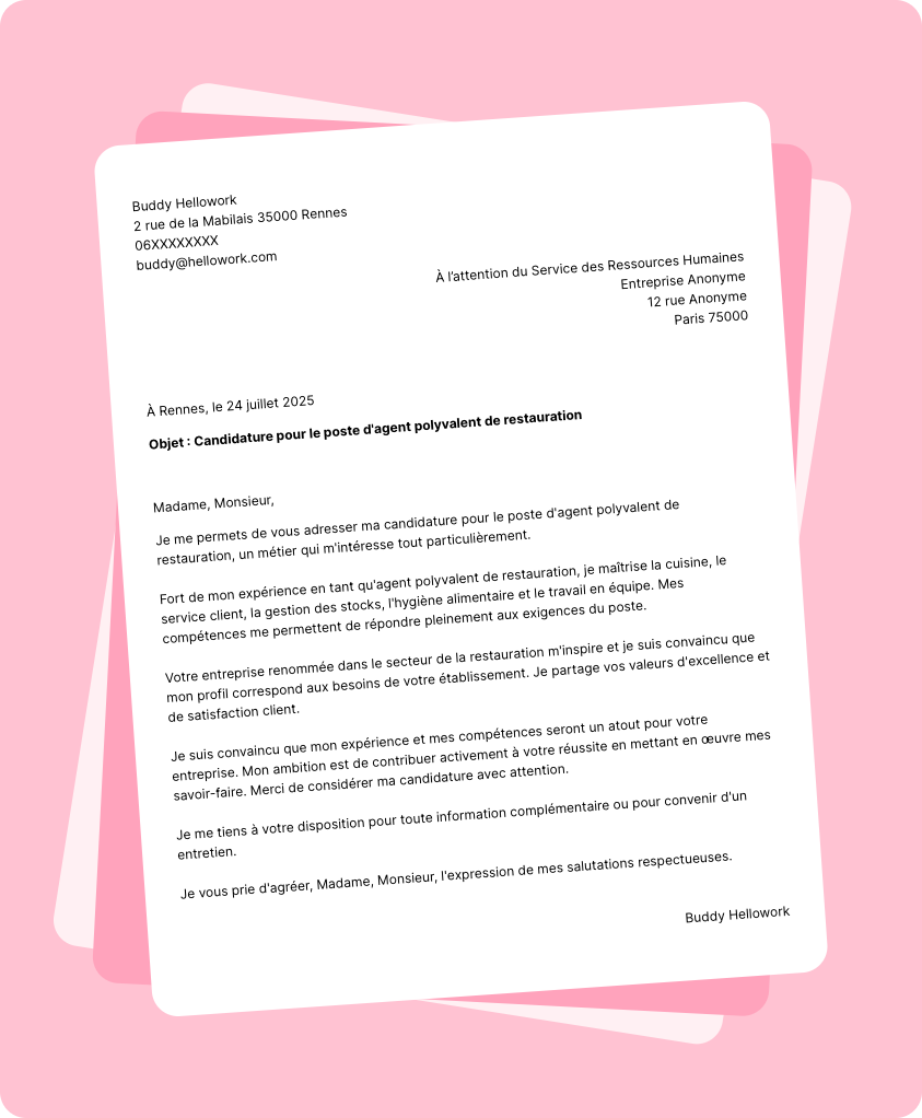 Modèle lettre de motivation Agent polyvalent de restauration Exemple lettre de motivation Agent polyvalent de restauration