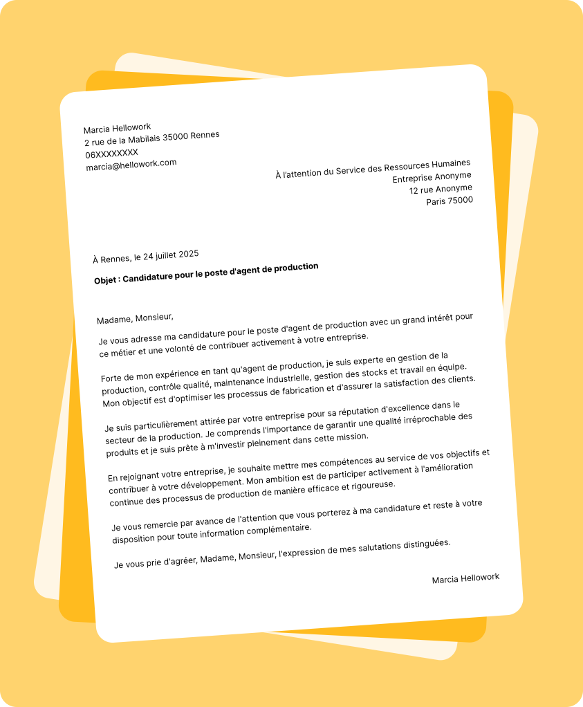 Exemple lettre de motivation Agent de production