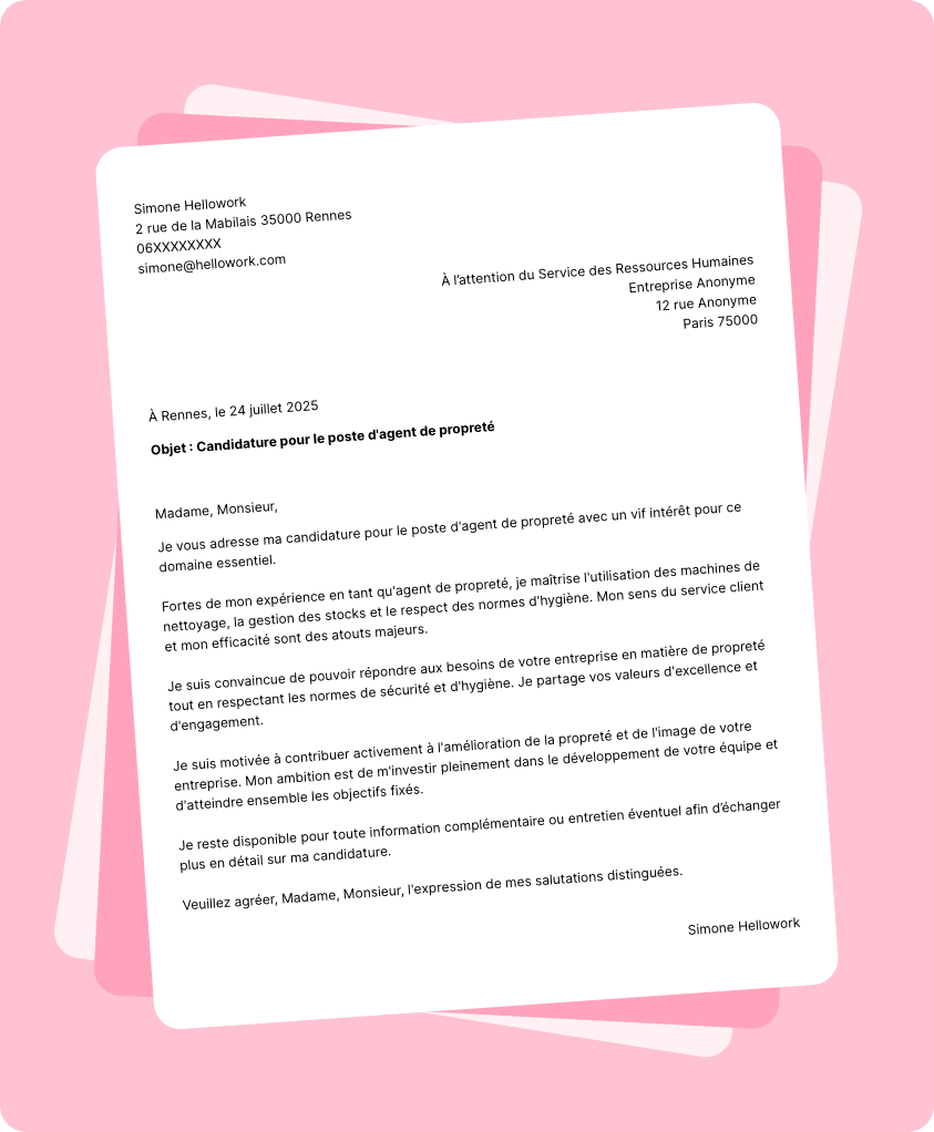 Exemple lettre de motivation Agent de propreté