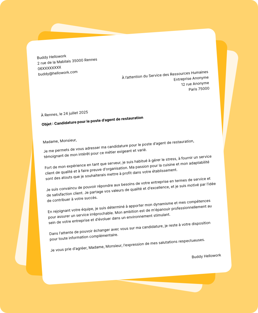 Exemple lettre de motivation Agent de restauration