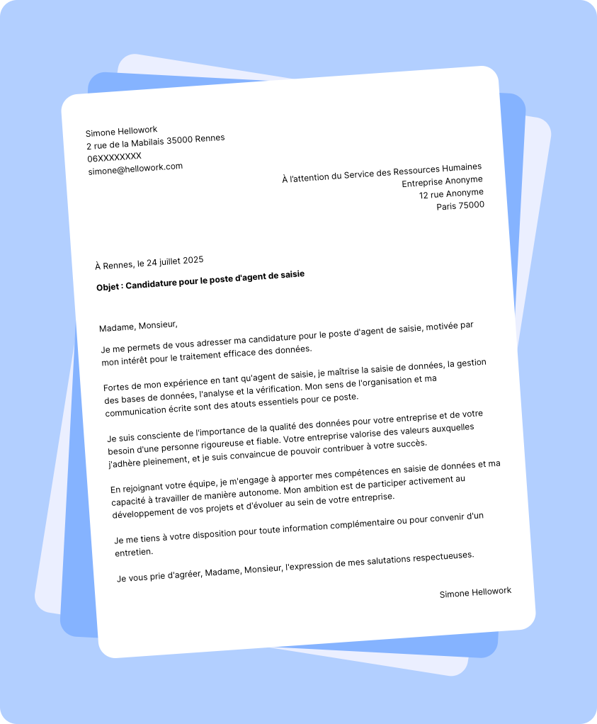 Modèle lettre de motivation Agent de saisie Exemple lettre de motivation Agent de saisie
