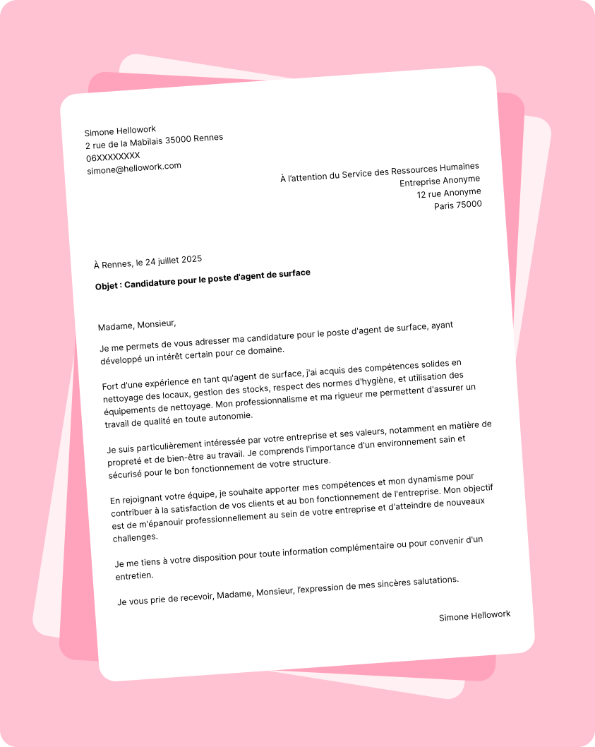 Exemple lettre de motivation Agent de surface