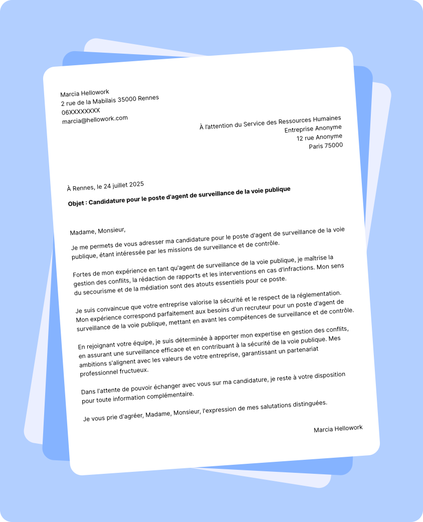 Exemple lettre de motivation Agent de surveillance de la voie publique