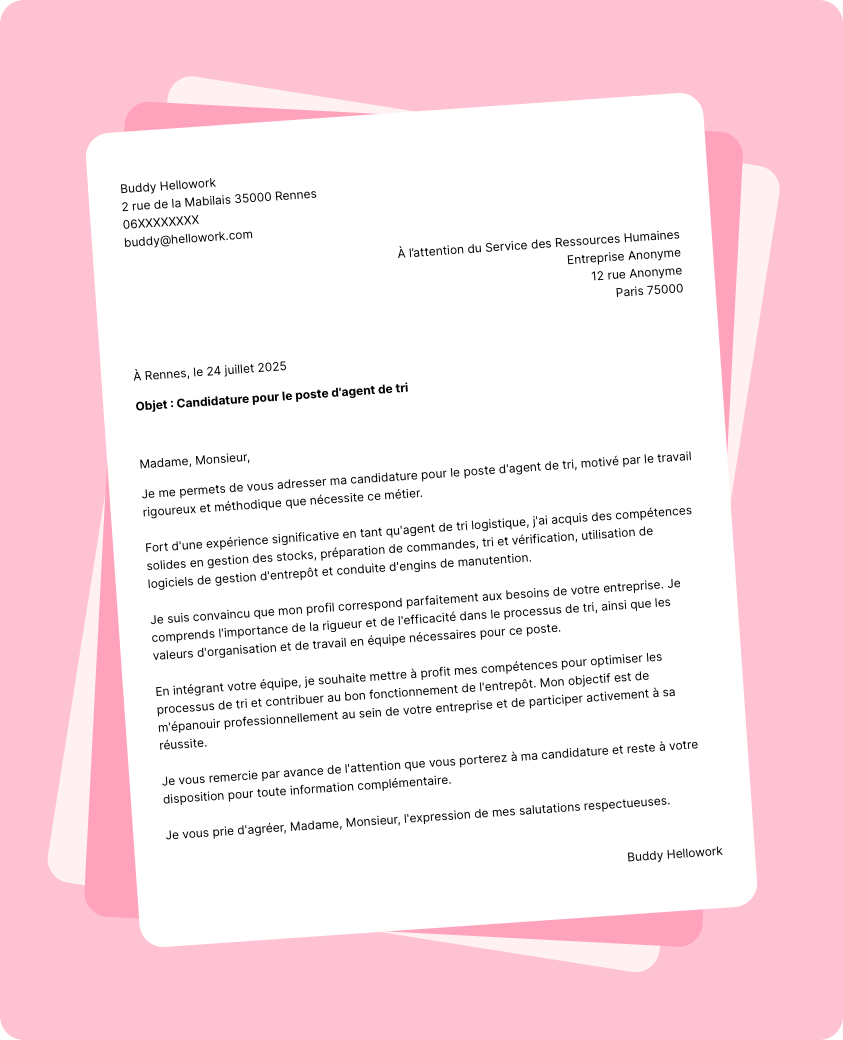 Exemple lettre de motivation Agent de tri