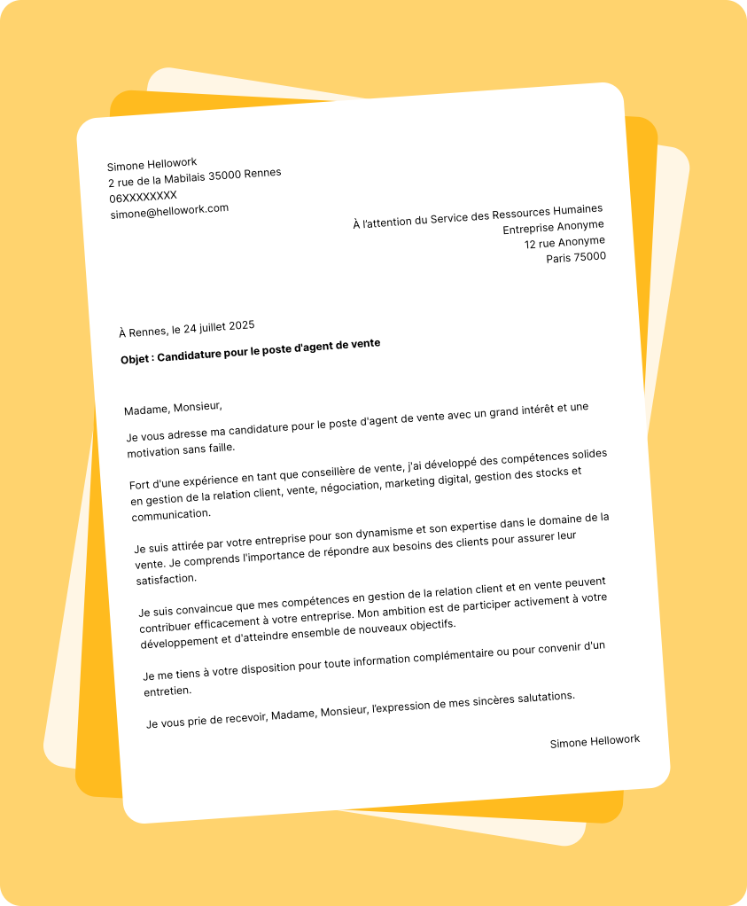 Modèle lettre de motivation Agent de vente Exemple lettre de motivation Agent de vente