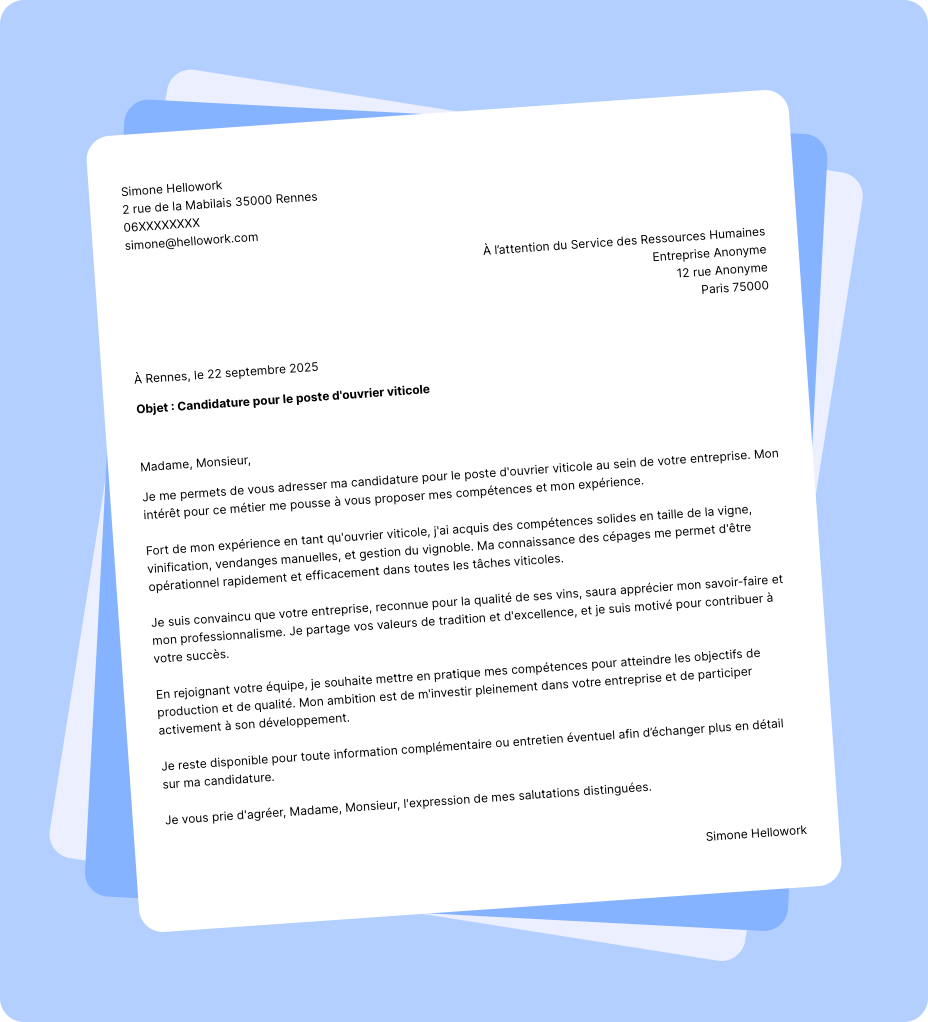 Exemple lettre de motivation Ouvrier viticole