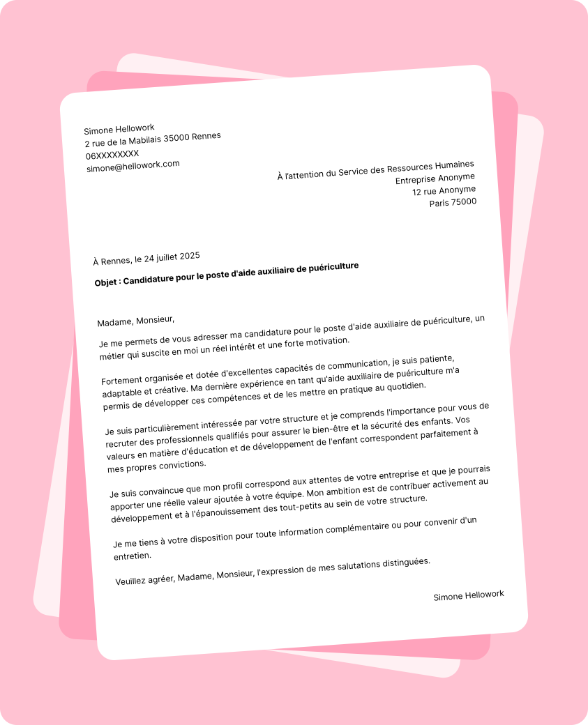 Modèle lettre de motivation Aide auxiliaire de puériculture Exemple lettre de motivation Aide auxiliaire de puériculture
