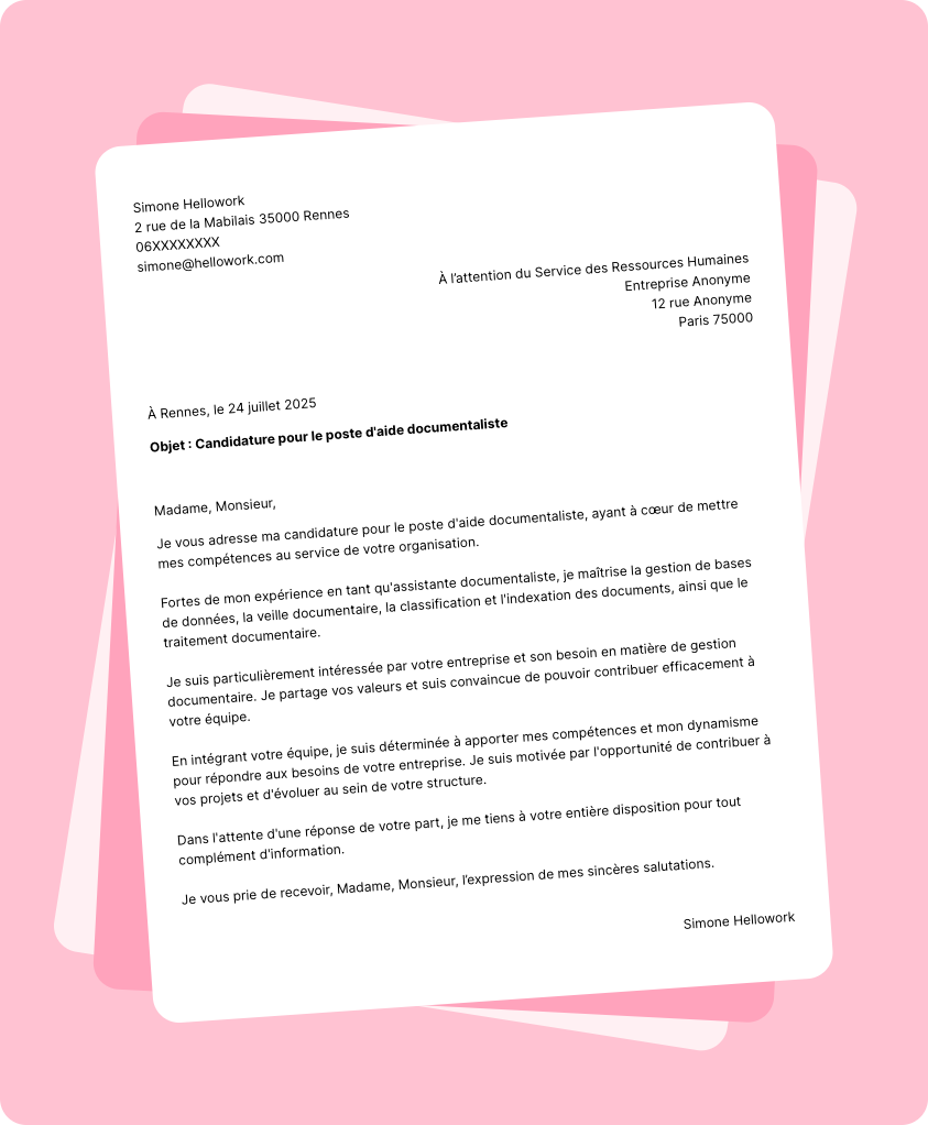Exemple lettre de motivation Aide documentaliste